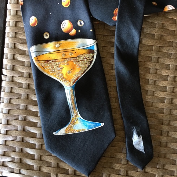 Mens 💯 Silk Tie With Cocktail Glass Sequin Print - Picture 4 of 7